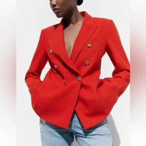 ZARA DOUBLE BREASTED PIQUÉ BLAZER RED